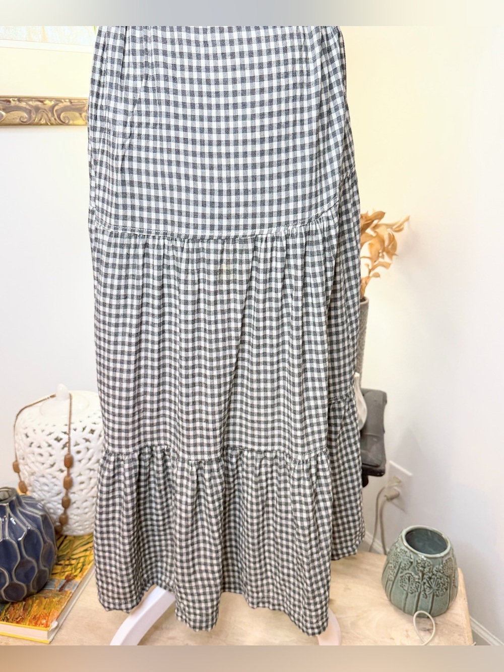 Max Studio Gingham Tiered Midi Dress XS Gray White Sleeveless Belted Cottagecore - Picture 10 of 10
